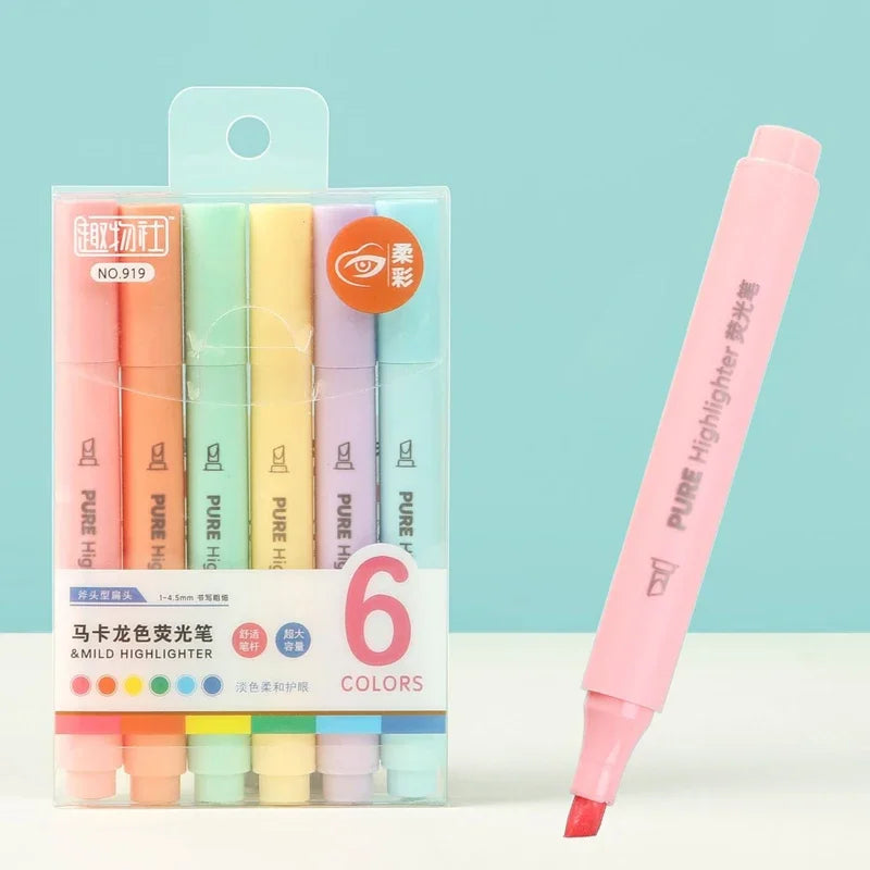 6pcs Pastel Macaron Highlighter Set - Cute Fluorescent Marker Pens for School