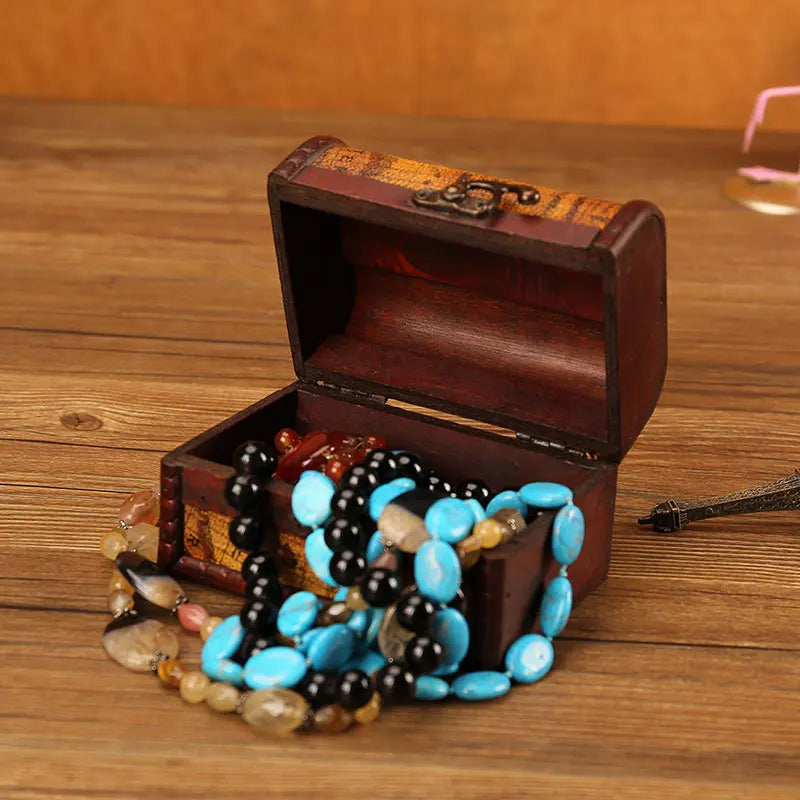 Antique Retro Wooden Jewelry Storage Box with Green Crystal Stone, Vintage Gift and Keepsake Packaging Box