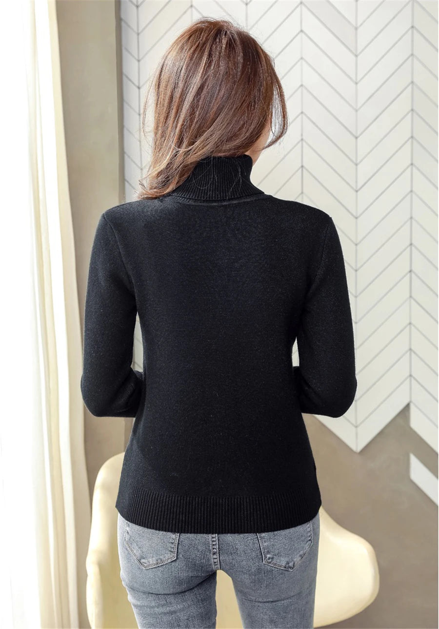 Women&#39;s Elegant Turtleneck Sweater: Thick Velvet-Lined, Warm Slim Fit Knitwear for Winter