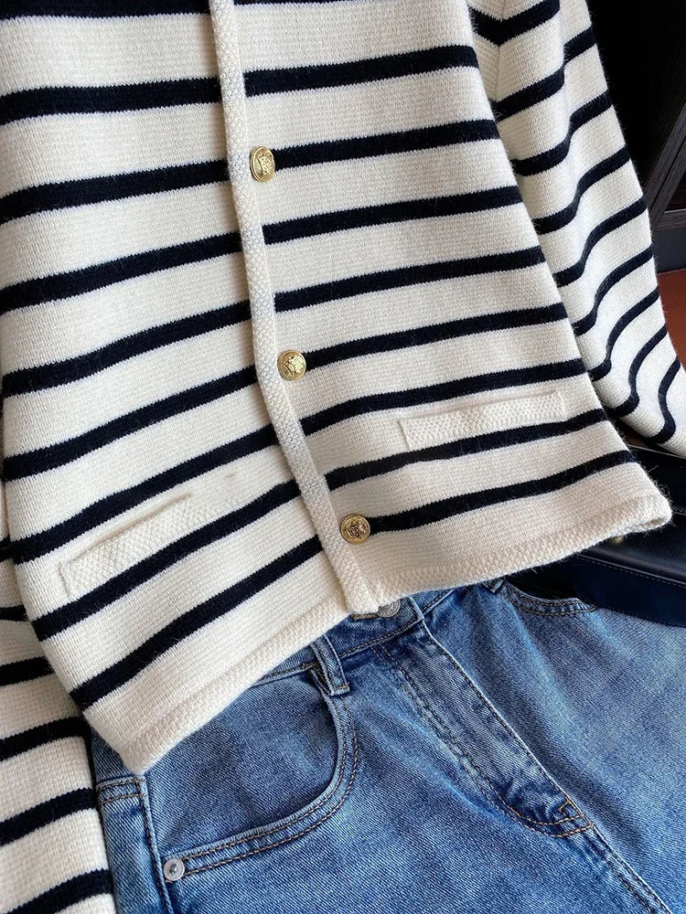 Women&#39;s Striped Knitted Cardigan: O-Neck Casual Sweater for Spring &amp; Autumn