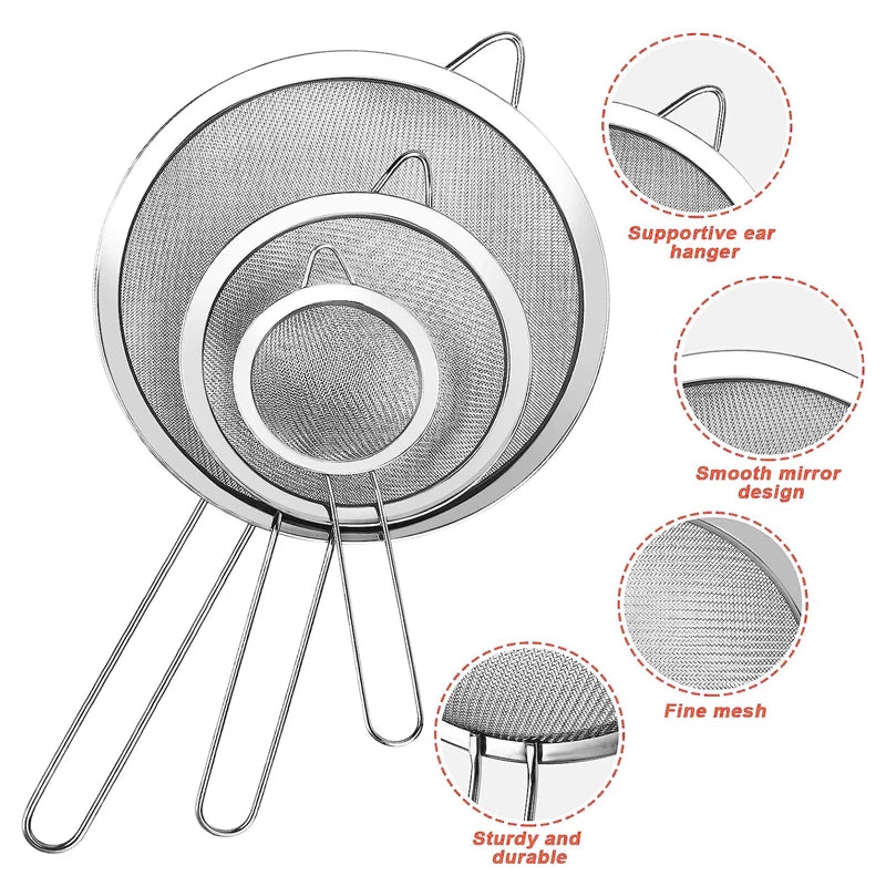 Stainless Steel Wire Fine Mesh Oil Strainer Set (1/3/4 Pcs): Flour Colander, Sieve, and Sifter for Pastry Baking – Essential Kitchen Accessories