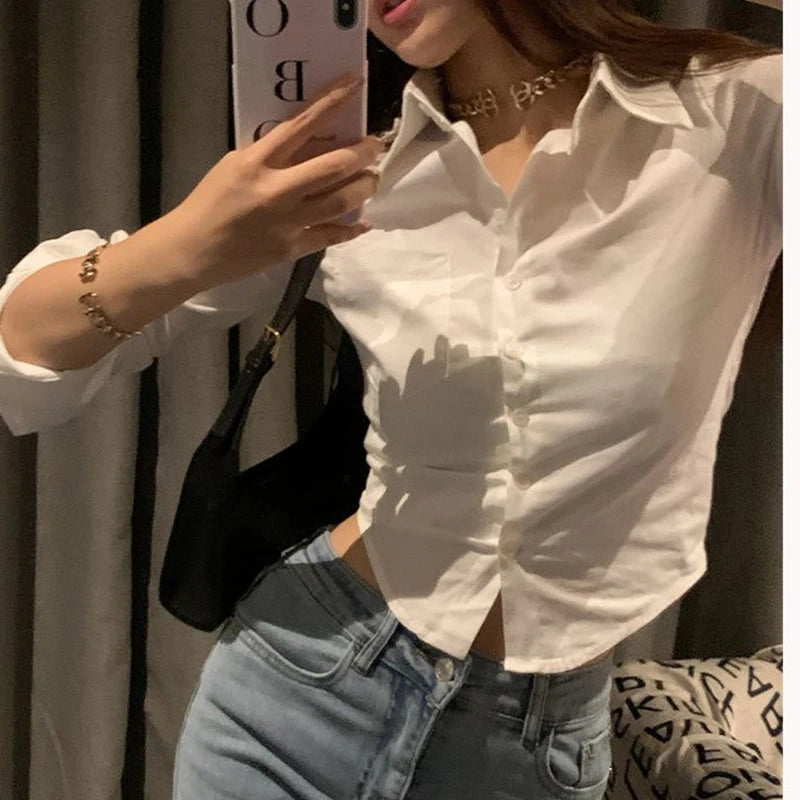 Women&#39;s Elegant Slim Blouse: Korean Y2K Cropped Shirt for Casual &amp; Office Wear