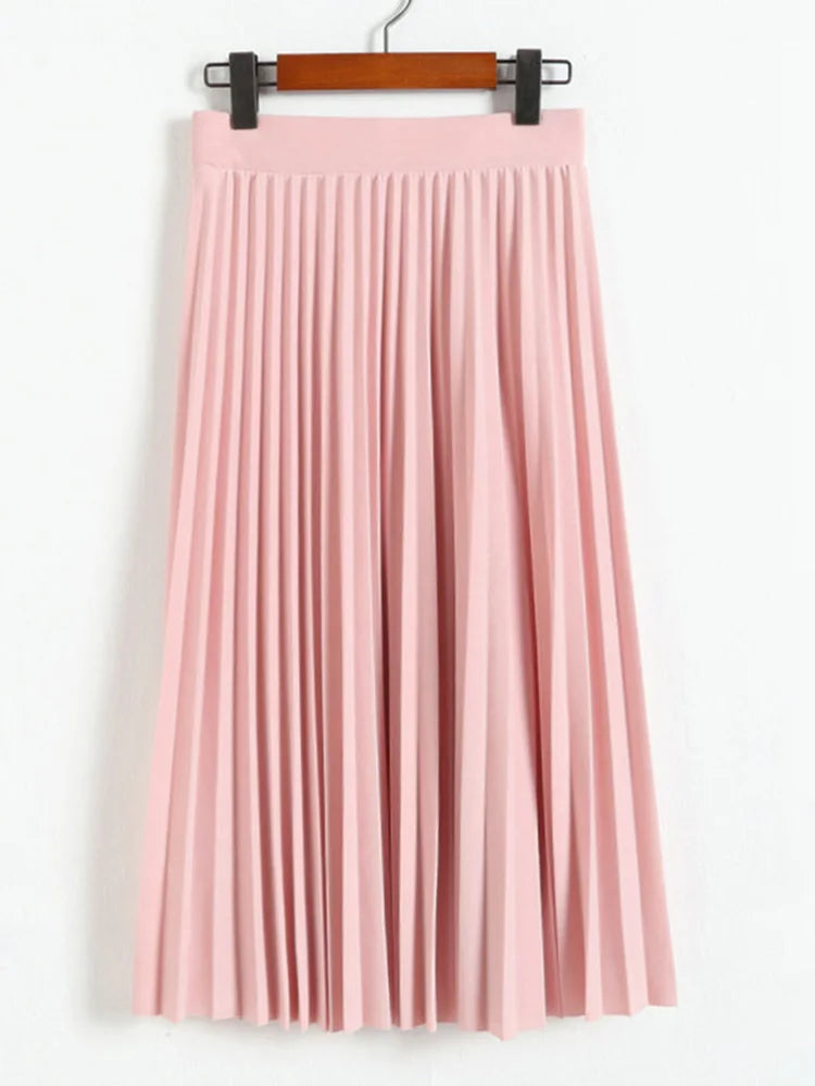 Spring &amp; Autumn Women&#39;s High-Waist Pleated Elastic Skirt: Solid Color Half-Length in Black &amp; Pink