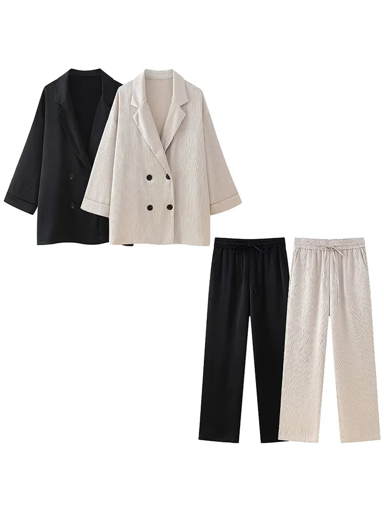 Willshela Women&#39;s 2-Piece Set: Double-Breasted Blazer &amp; Vintage Elastic Waist Trousers