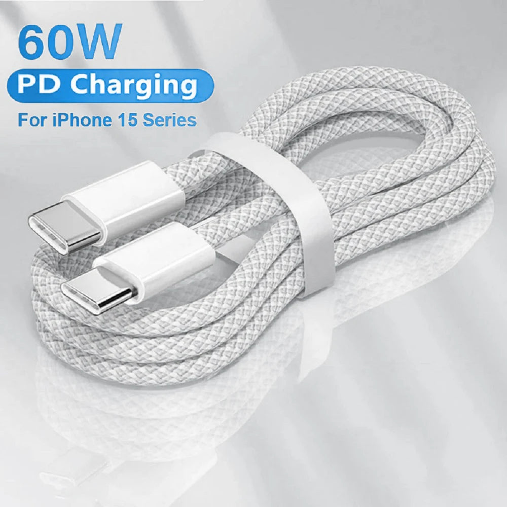 USB-C to Type-C Fast Charging Cable – PD 60W for iPhone 15, Android, Samsung, Huawei, Braided Charger Cable