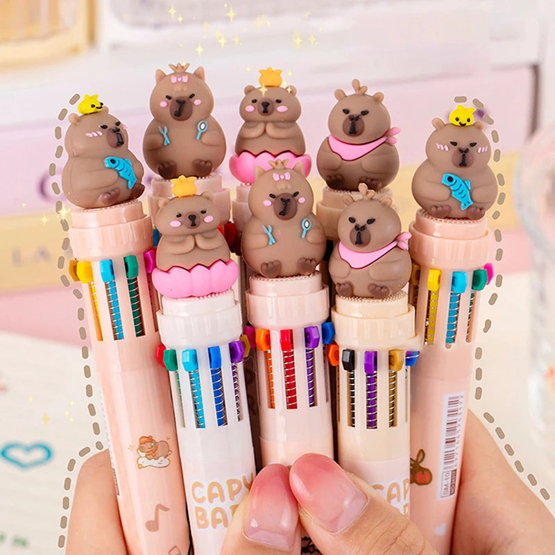 Cartoon Capybara 10-Color Ballpoint Pen - 0.5mm Gel Pen for School Supplies