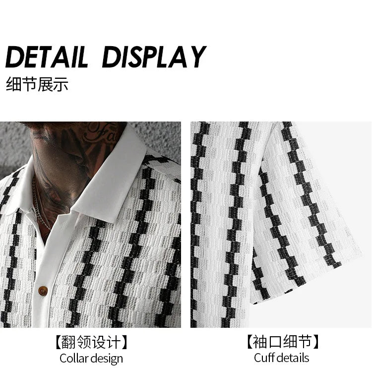 Men's Vintage Plaid Knit Shirt, Breathable Textured Short Sleeve Button-Up, Casual Summer Vacation Wear