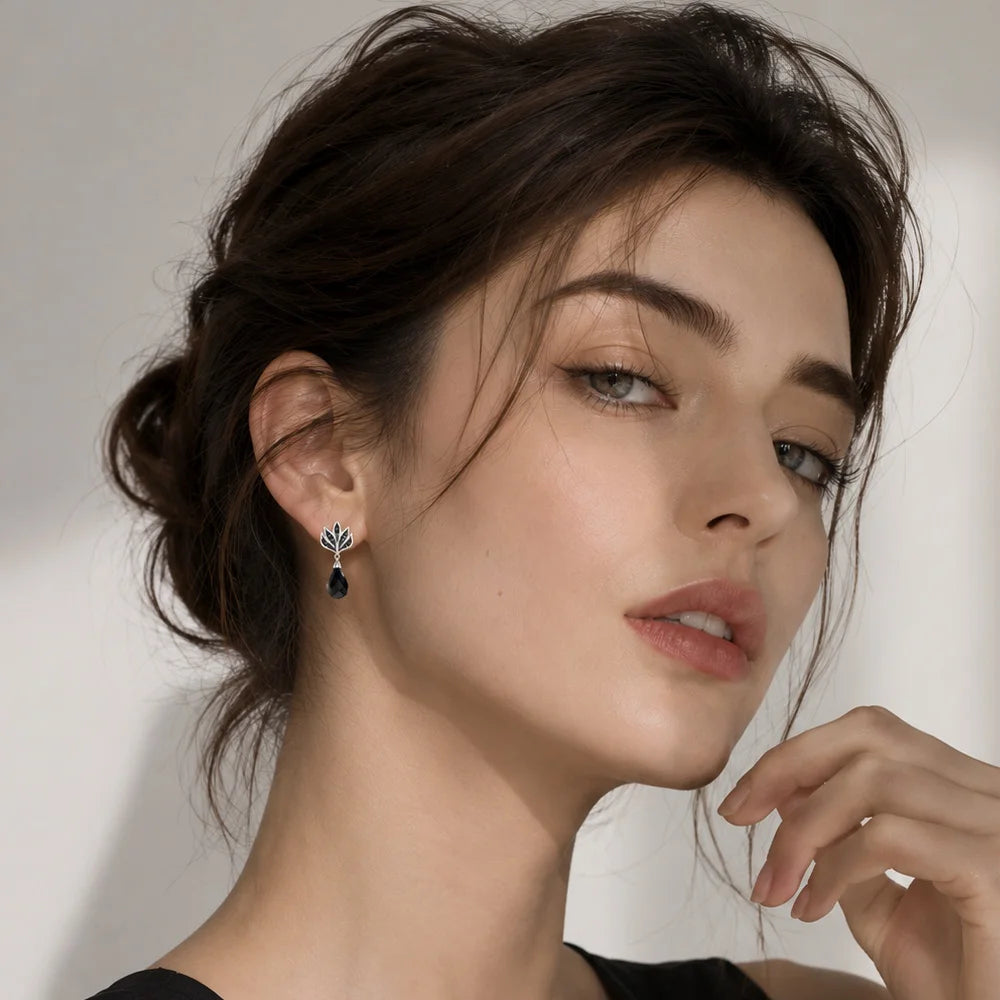 Vintage Black Flame Water Drop Earrings, 925 Sterling Silver Fine Jewelry for Women, Elegant High-Quality Gift