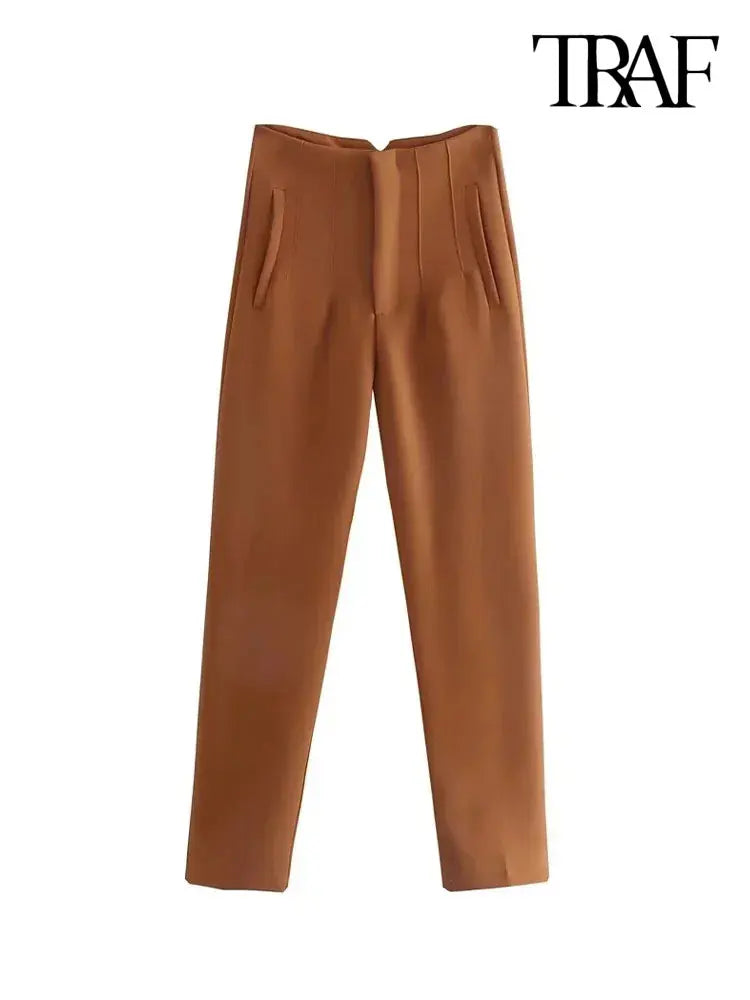 Women’s Casual Solid Pants: Vintage High-Waist Ankle Trousers with Pockets