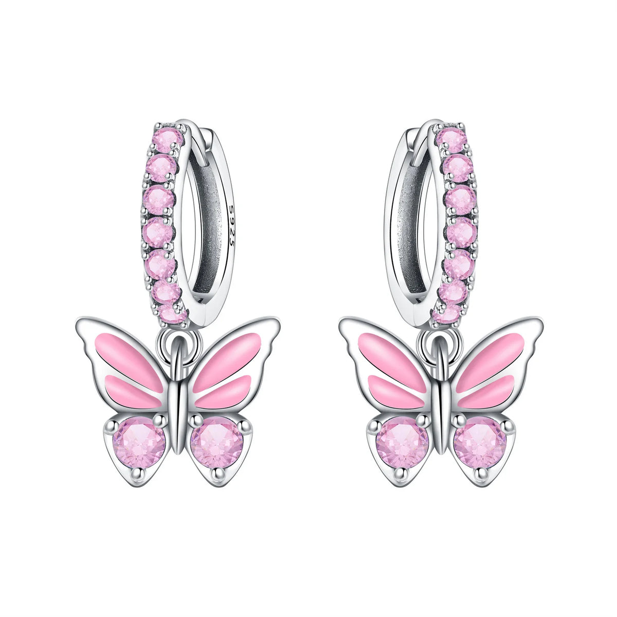 Original 925 Sterling Silver Pink Paw Print Earrings with Zircon, Heart Flower and Leaf Design, Elegant Women's Party Jewelry Gift