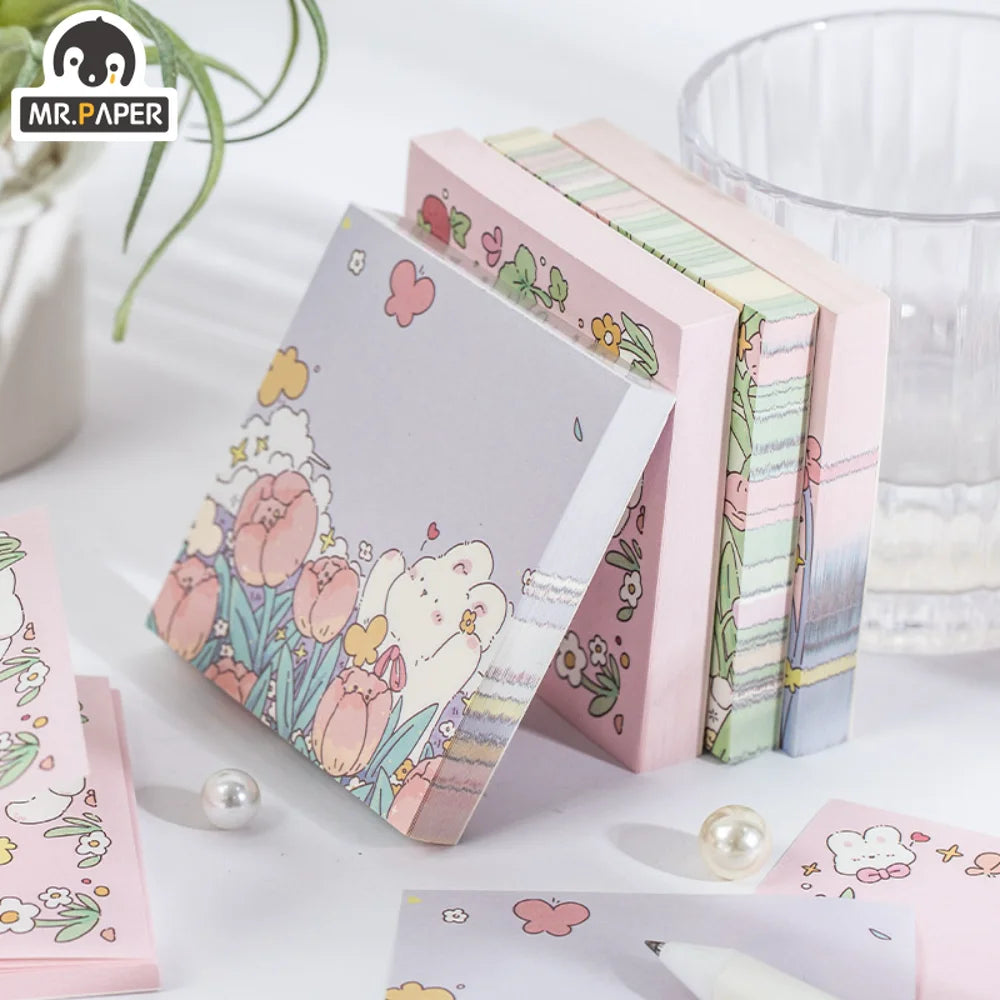 Mr. Paper 100pcs Square Memo Pad - Fresh Floral Decoration for Notes