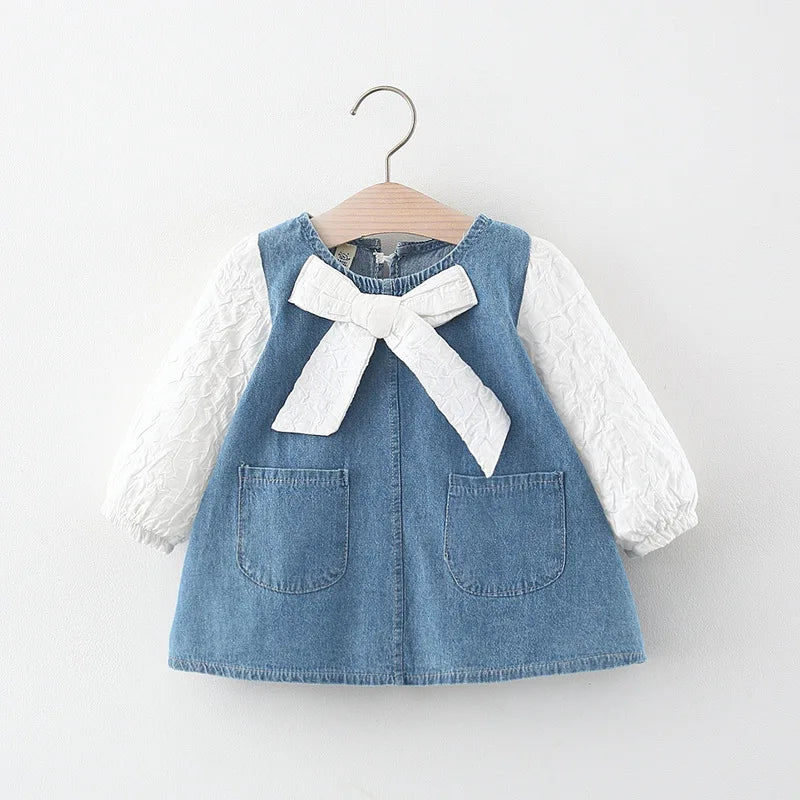 Newborn Baby Girls Spring/Fall Outfit – Bow Denim Dress, Perfect Costume for Toddlers and 1-Year Birthday Celebrations