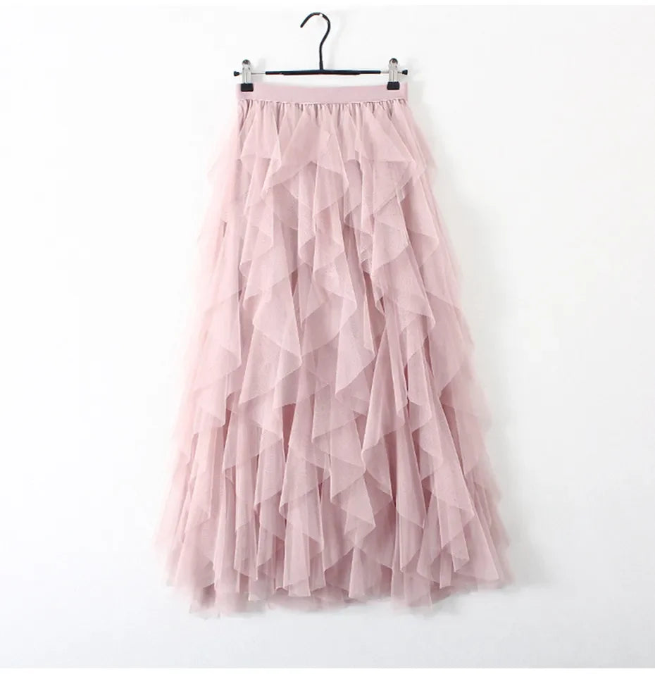 Women&#39;s Tutu Tulle Maxi Skirt: Cute High-Waist Pleated Fashion in Pink for 2024