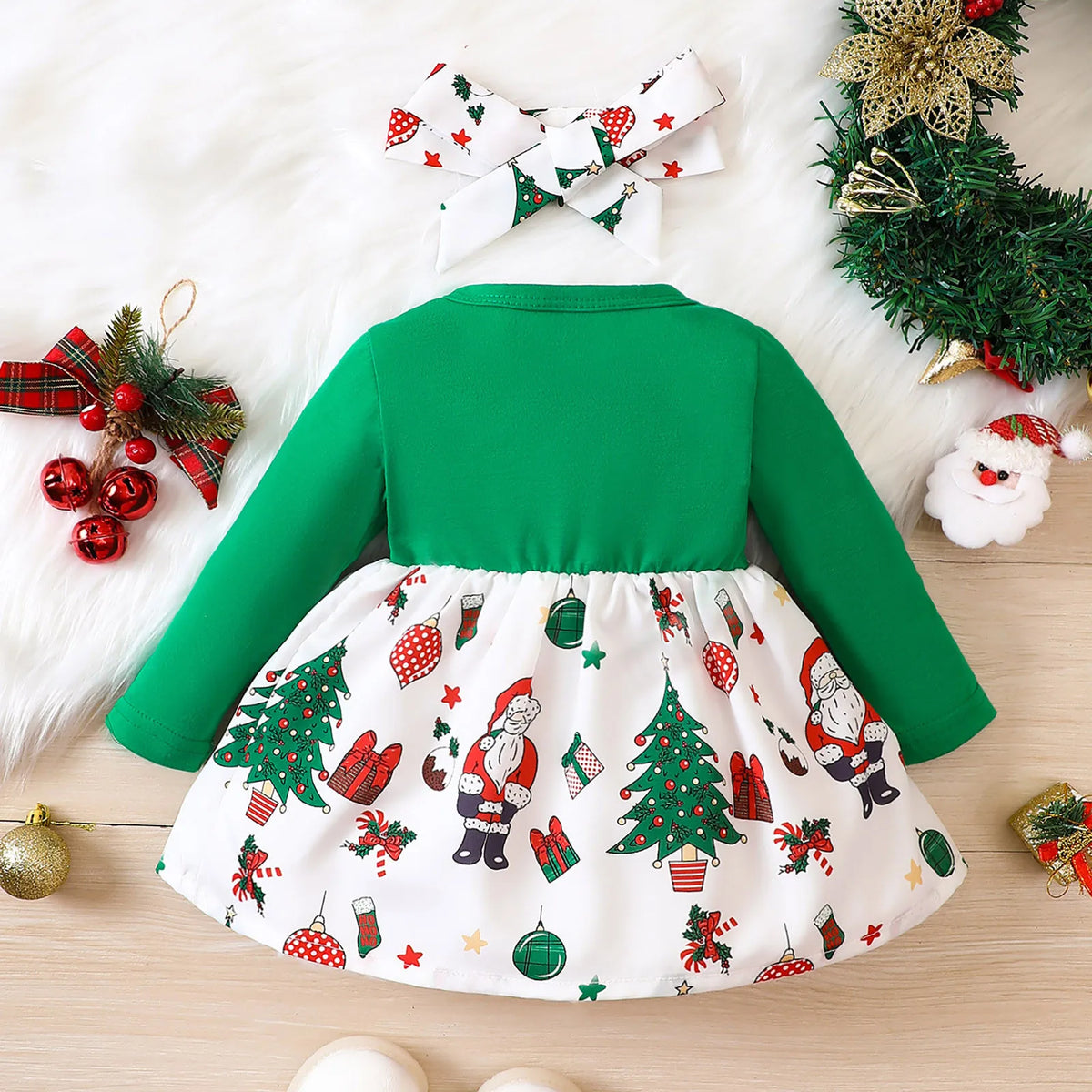 3-24M Christmas Dress for Girls – Faux 2-Piece with Big Bowknot and Cartoon Santa Claus Print for New Year 2024