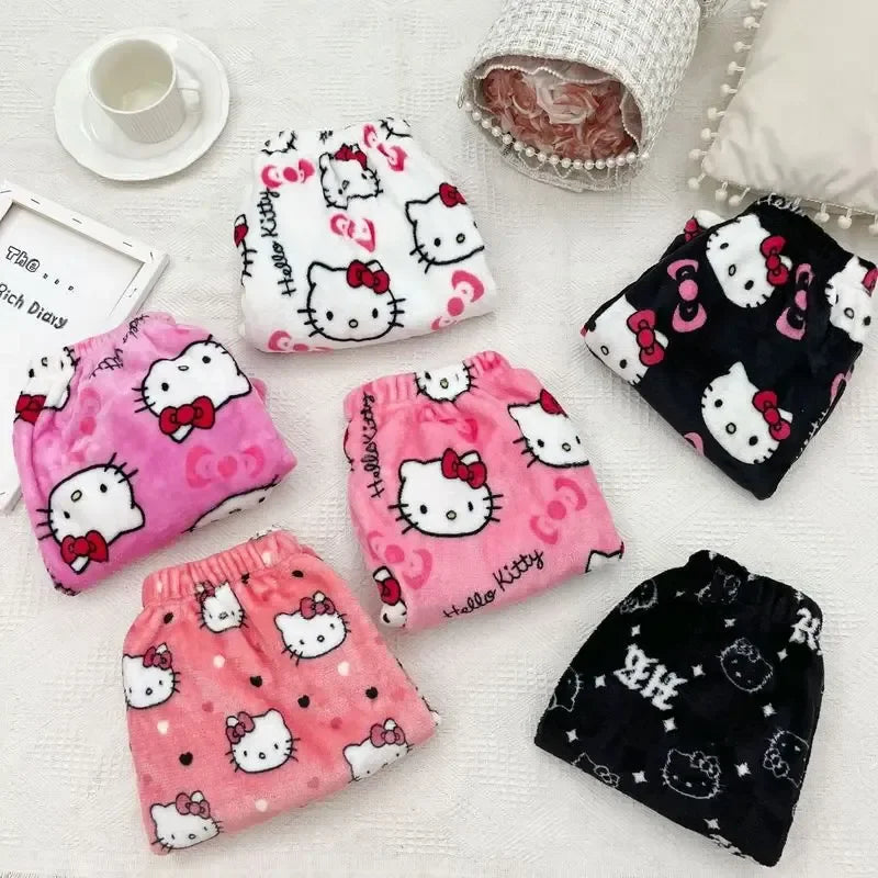 Sanrio Hello Kitty Y2K Kawaii Anime Flannel Pajamas – Women’s Warm Woolen Cartoon Casual Home Pants