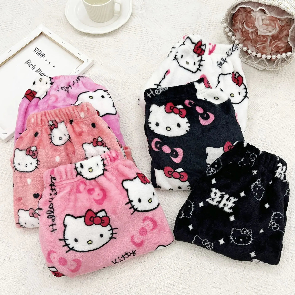 Sanrio Hello Kitty Y2K Kawaii Anime Flannel Pajamas – Women’s Warm Woolen Cartoon Casual Home Pants