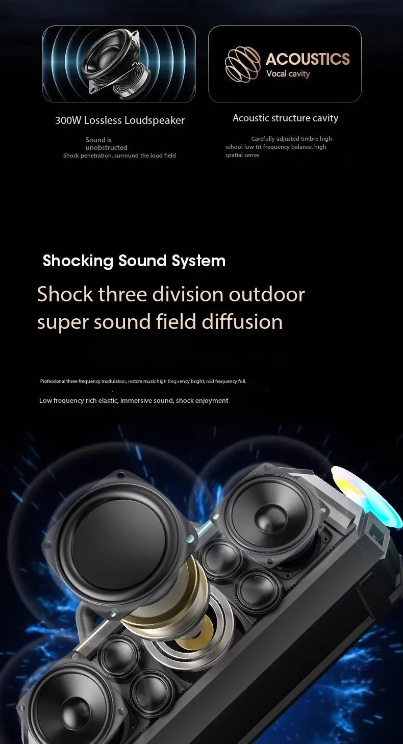 300W Portable Waterproof Bluetooth Speaker with BASS Subwoofer and Sound Card