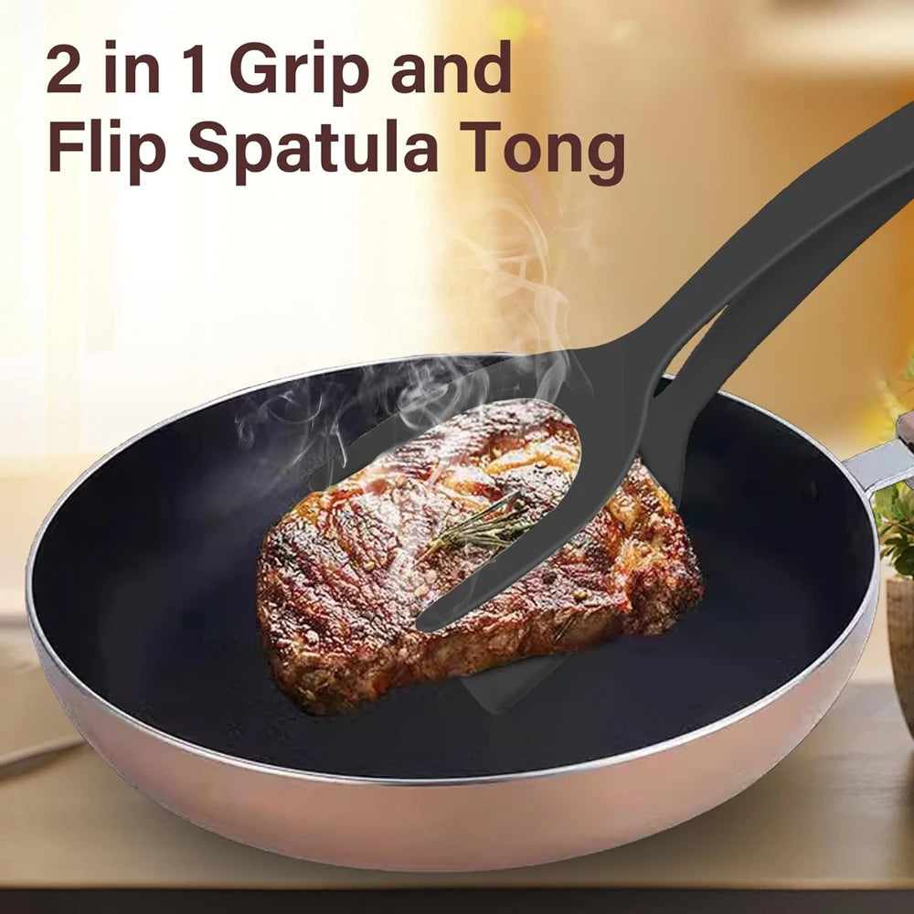 2-in-1 Grip Flip Spatula Tongs: Non-Stick Nylon Egg Flipper for Pancakes, Fish, French Toast, and Omelets