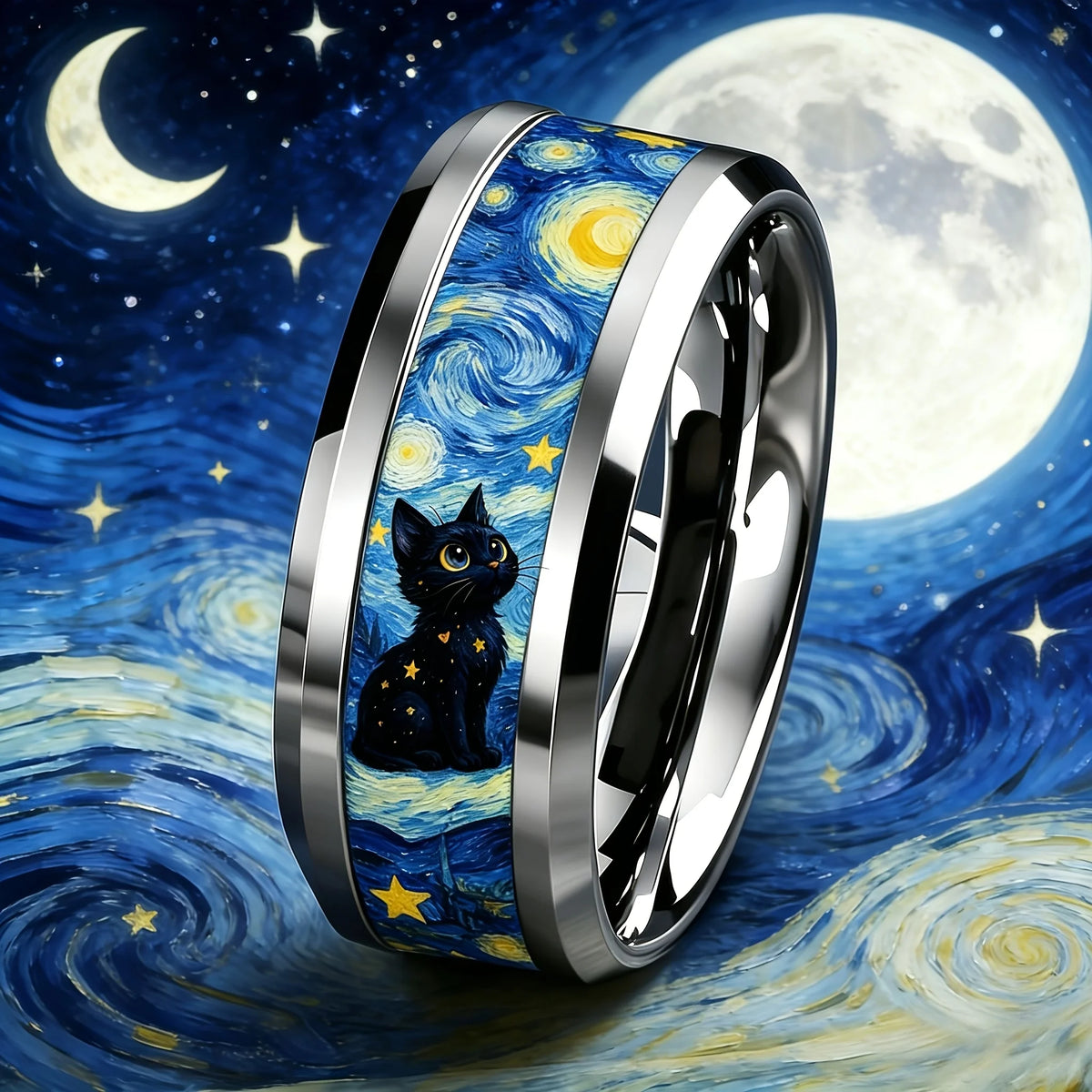 Vintage Cat Moon and Stars Art Ring, Classic Oil Painting Style Stainless Steel Ring for Women and Men Fashion Jewelry Gift