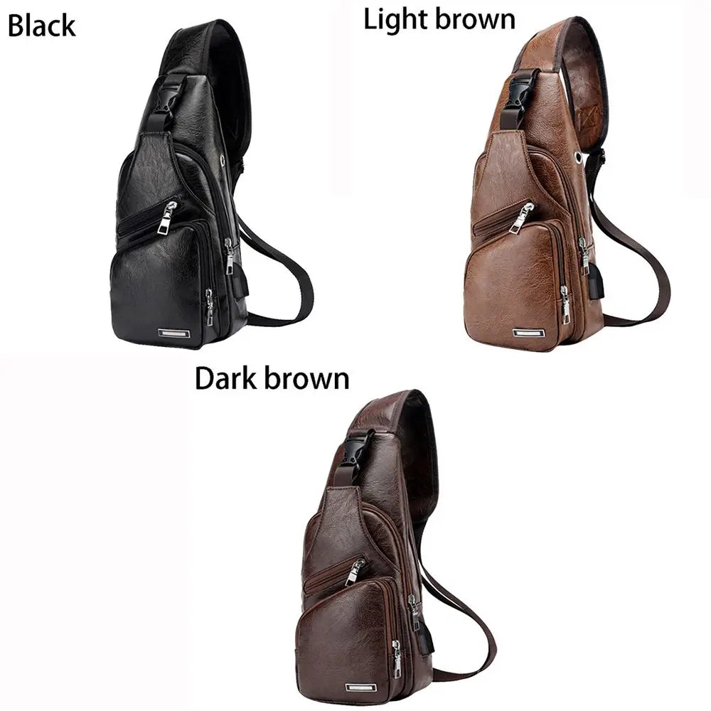 Men&#39;s Casual Chest Bag - PU USB Charging Shoulder Bag for Outdoor Sports