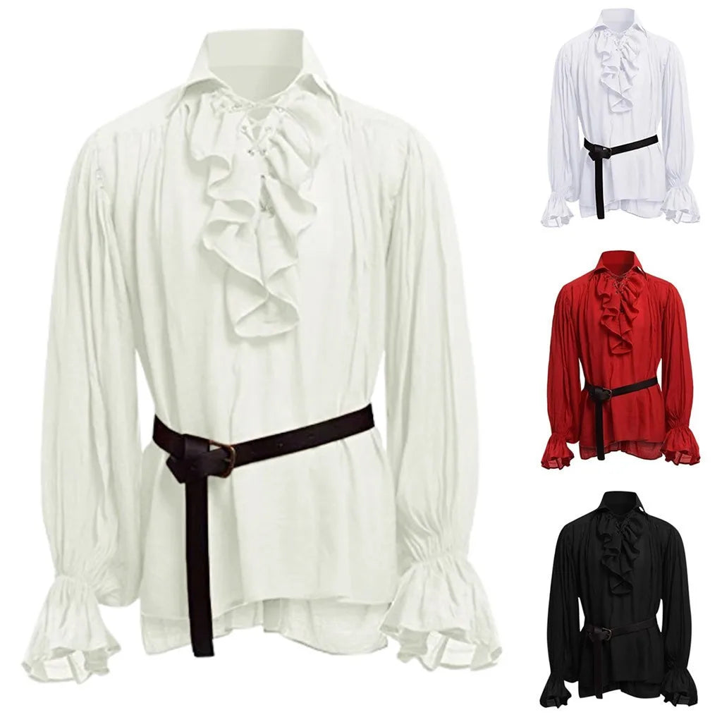 Medieval Viking Halloween Costumes – Steampunk Long Sleeve Ruffled Shirts, Gothic Blouse Tops for Autumn Cosplay.