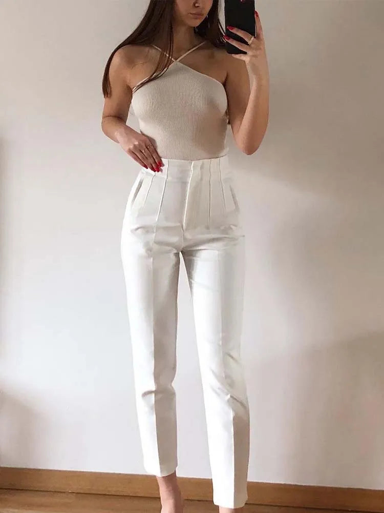 High-Waist Pencil Pants: Seam Detail Ankle Trousers for Autumn Office Wear