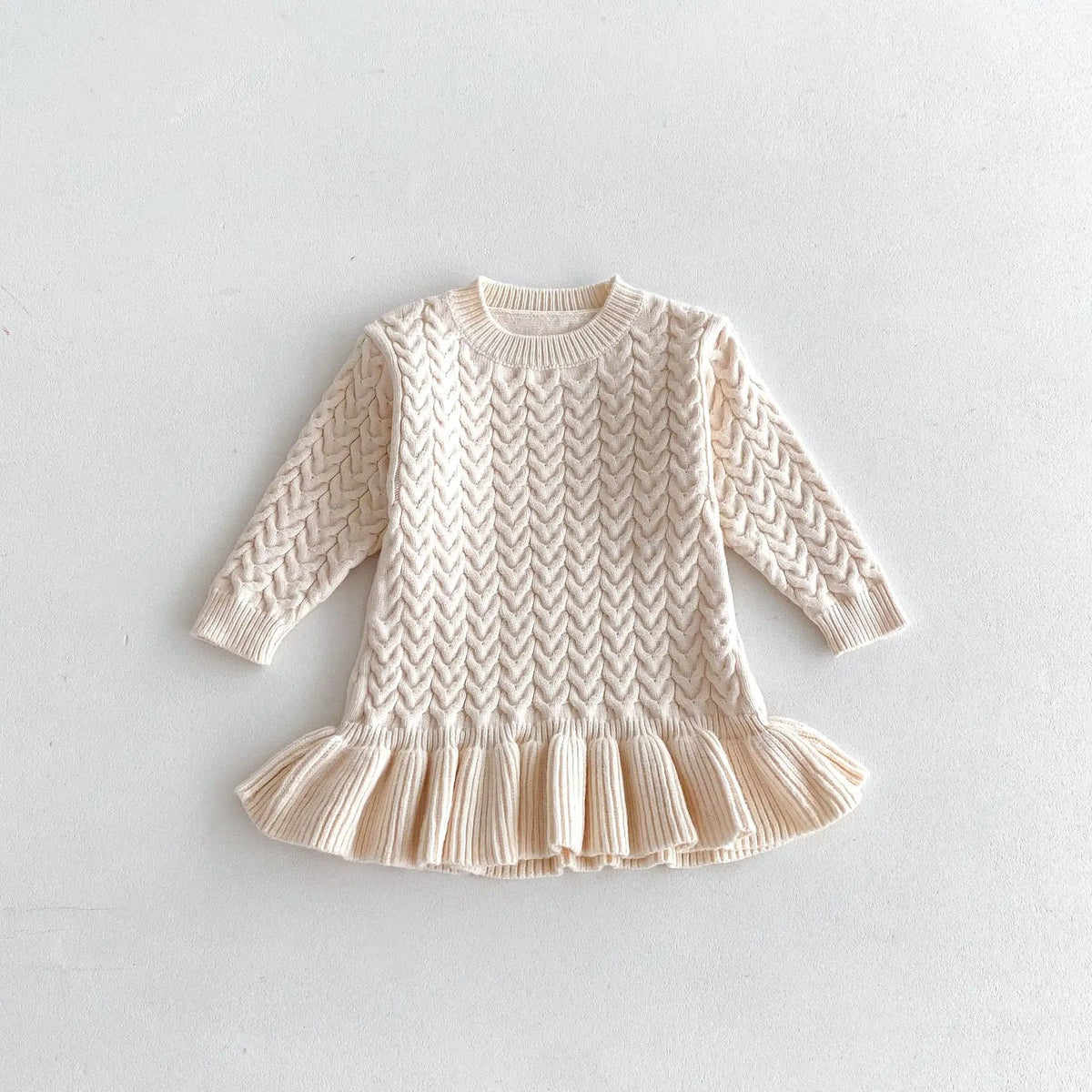 Autumn and Winter Korean Girls Sweater Dress – Long Sleeve Knitted Ruffle Dress with Twist Design and Round Neck