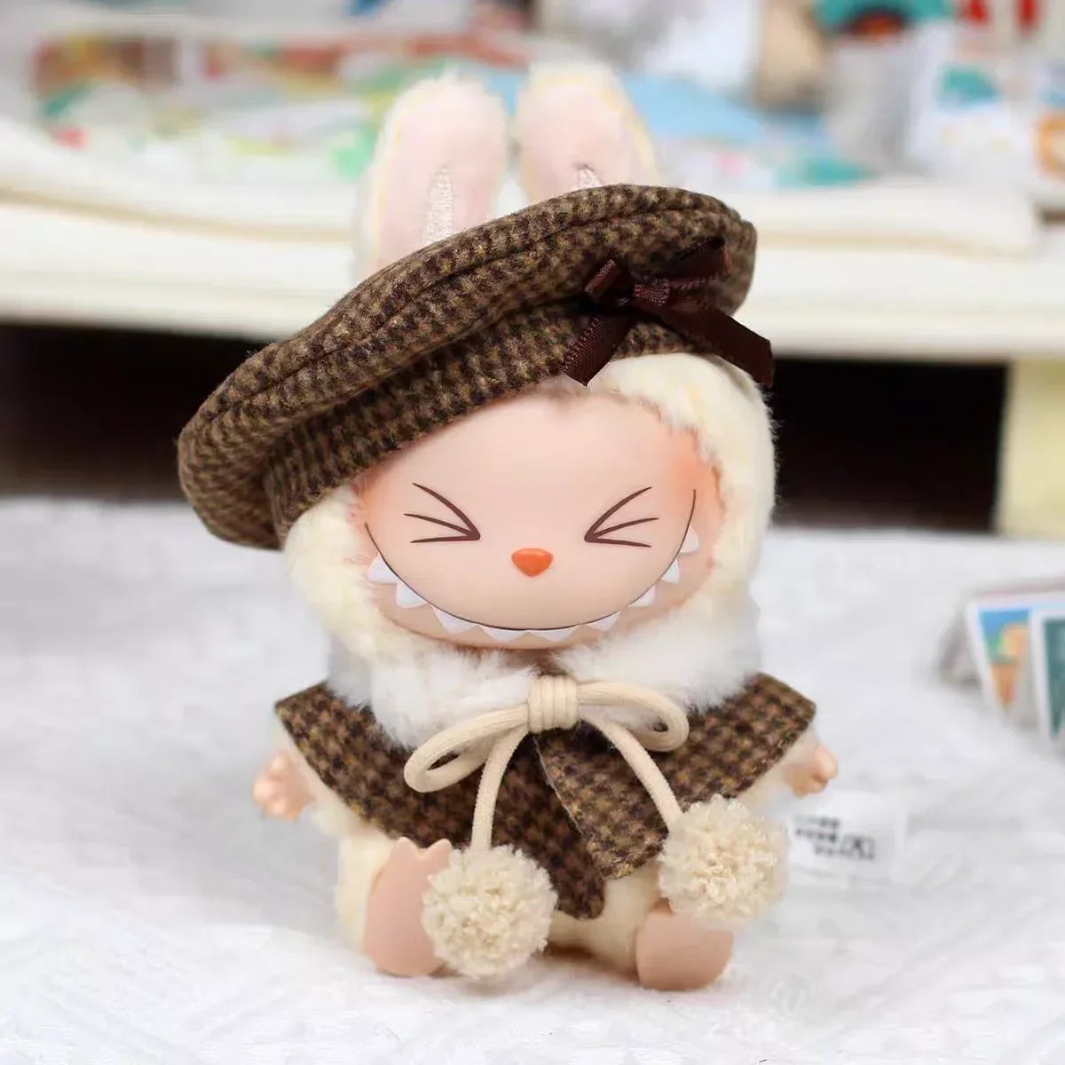 For 15cm Cute Labubu V1 V2 Mini Doll&#39;s Stylish Grid retro Cape With Beret Set Labubu Clothes Outfit Labubu Ropa Clothing Gift