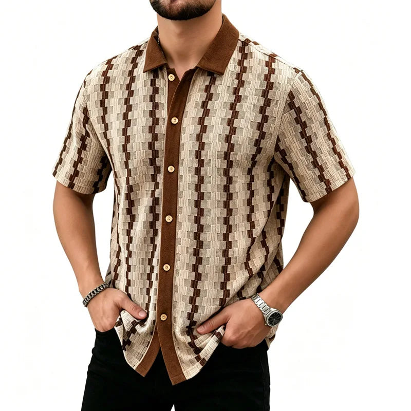 Men's Vintage Plaid Knit Shirt, Breathable Textured Short Sleeve Button-Up, Casual Summer Vacation Wear