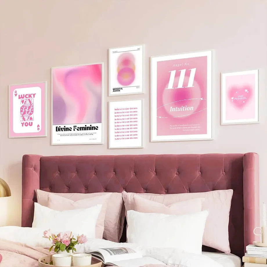 1Pcs Curves Letters Wall Art: Pink Canvas Painting for Living Room and Bedroom Decor