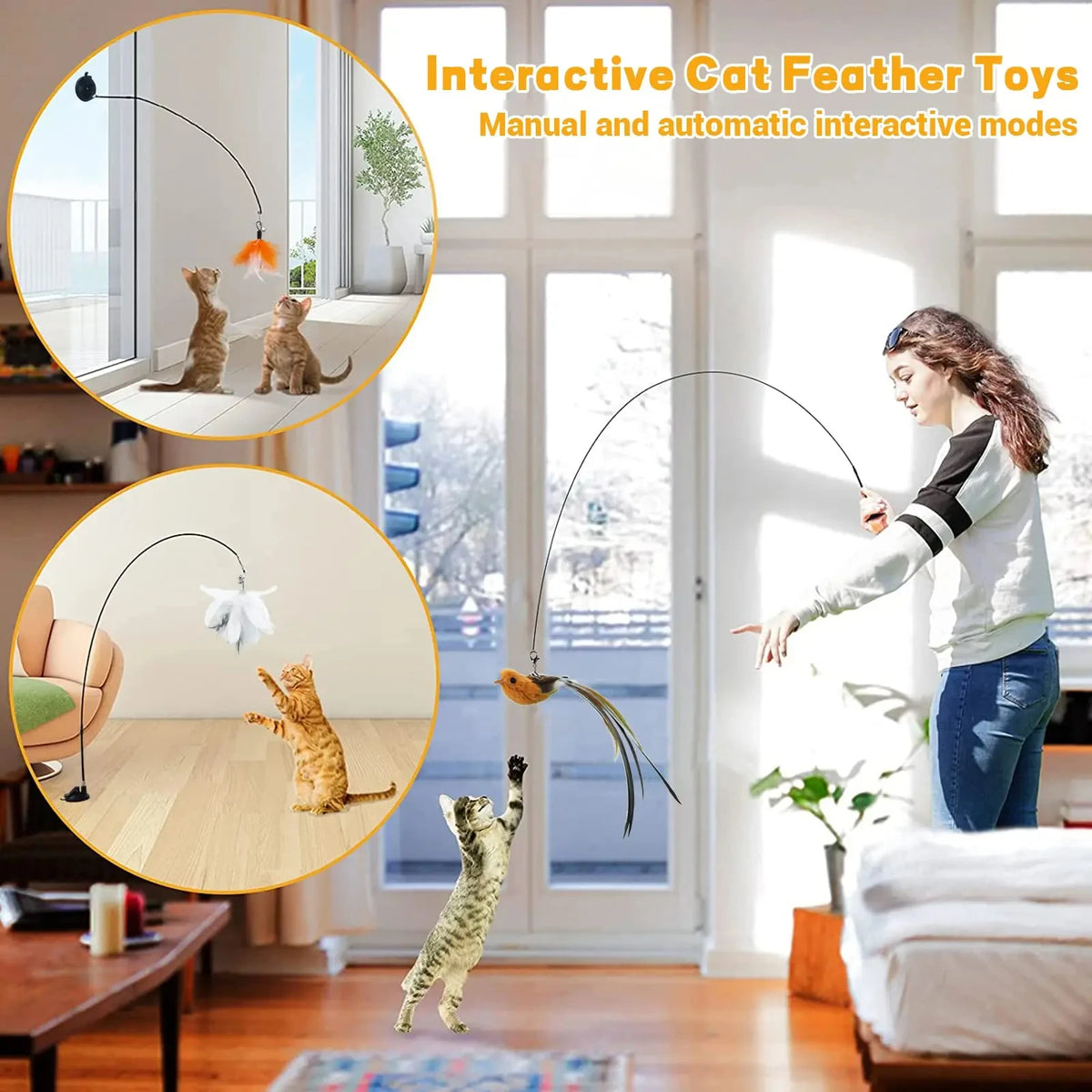 Interactive Feather Wand Cat Toys: Detachable Kit with Suction Cup and 2 Replacement Feathers