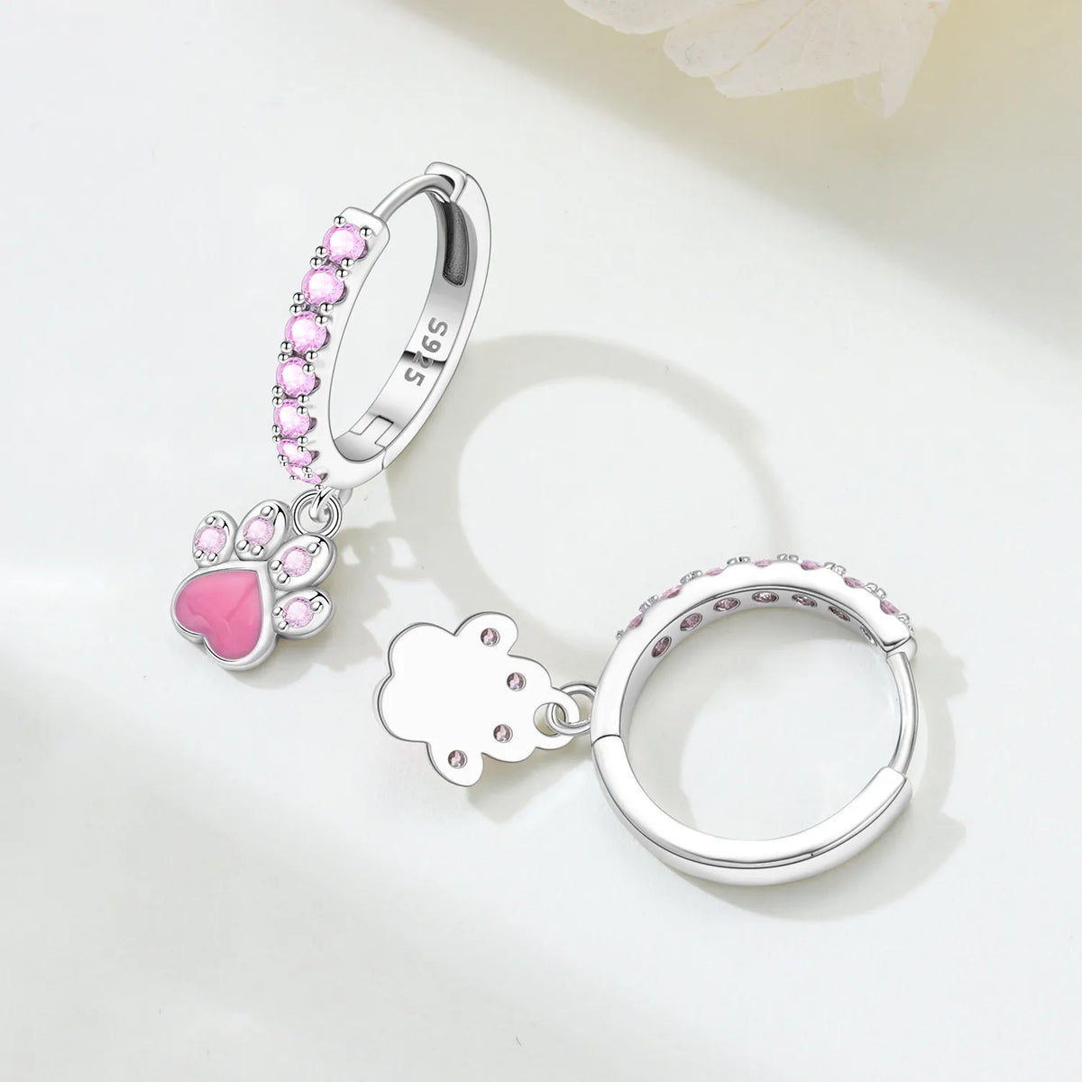 Original 925 Sterling Silver Pink Paw Print Earrings with Zircon, Heart Flower and Leaf Design, Elegant Women's Party Jewelry Gift