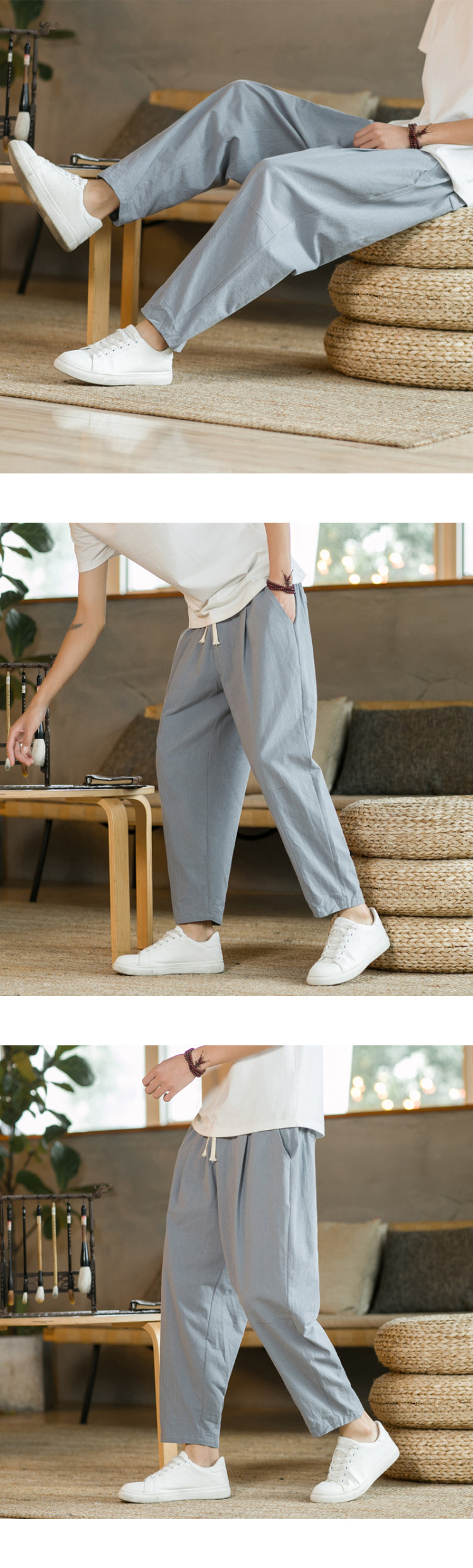 Men&#39;s Trousers Cotton Linen Fashion Casual Pants Solid Color Breathable Loose Shorts Straight Drawstring Pants Streetwear Men