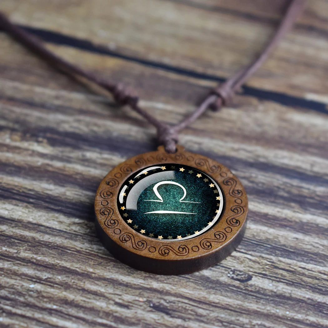 12 Zodiac Signs Constellation Necklace – Vintage Glass Dome Wood Pendant with Rope Chain for Men and Women, Perfect Birthday Gift