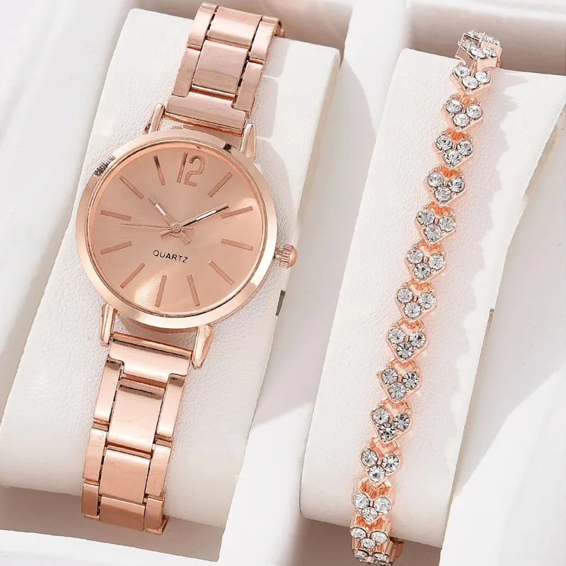 Ladies Fashion Digital Alloy Quartz Watch Set – 2-Piece Bracelet Style Luxury Watches for Women