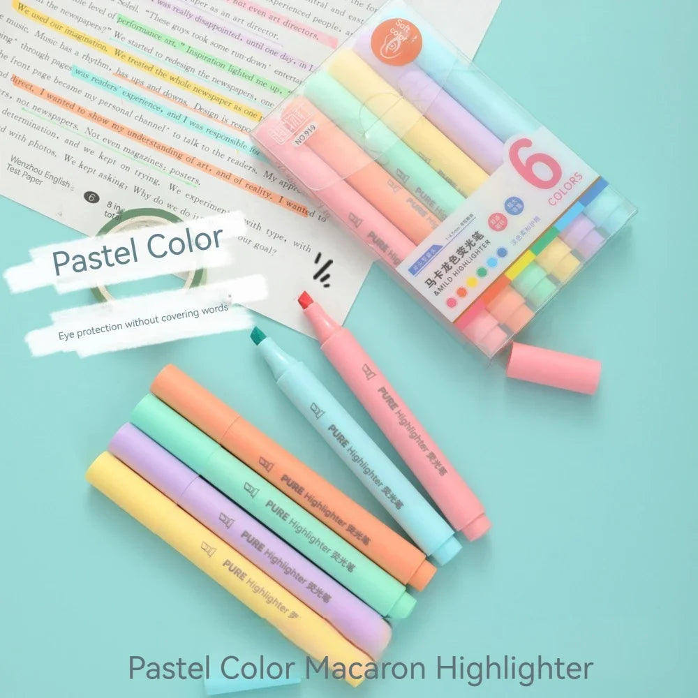 6pcs Pastel Macaron Highlighter Set - Cute Fluorescent Marker Pens for School