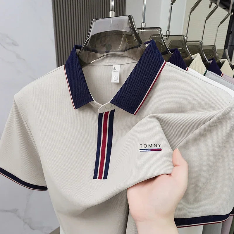 Men's Luxury Ice Silk Polo Shirt, Breathable Short Sleeve Business Casual Golf T-Shirt for Summer