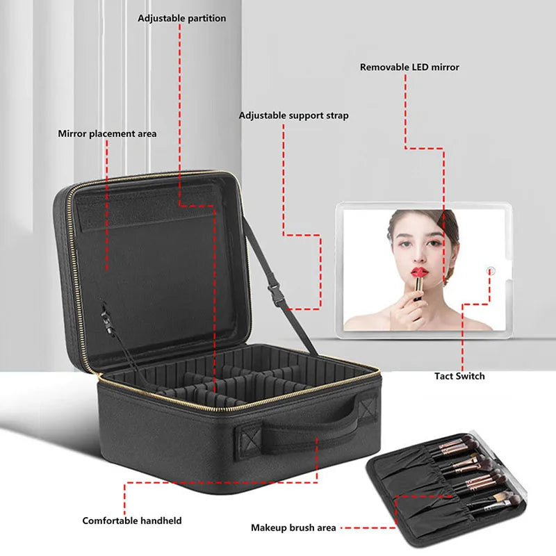 Smart LED Makeup Case with Mirror - Large Capacity Travel Cosmetic Bag