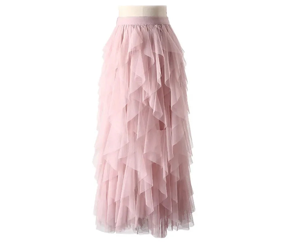 Women&#39;s Tutu Tulle Maxi Skirt: Cute High-Waist Pleated Fashion in Pink for 2024