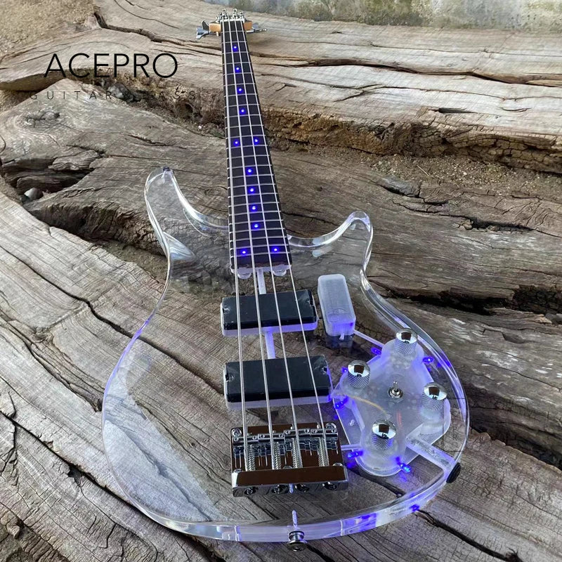 4-String Electric Bass Guitar - Blue LED Lights, Acrylic Body, Maple Neck