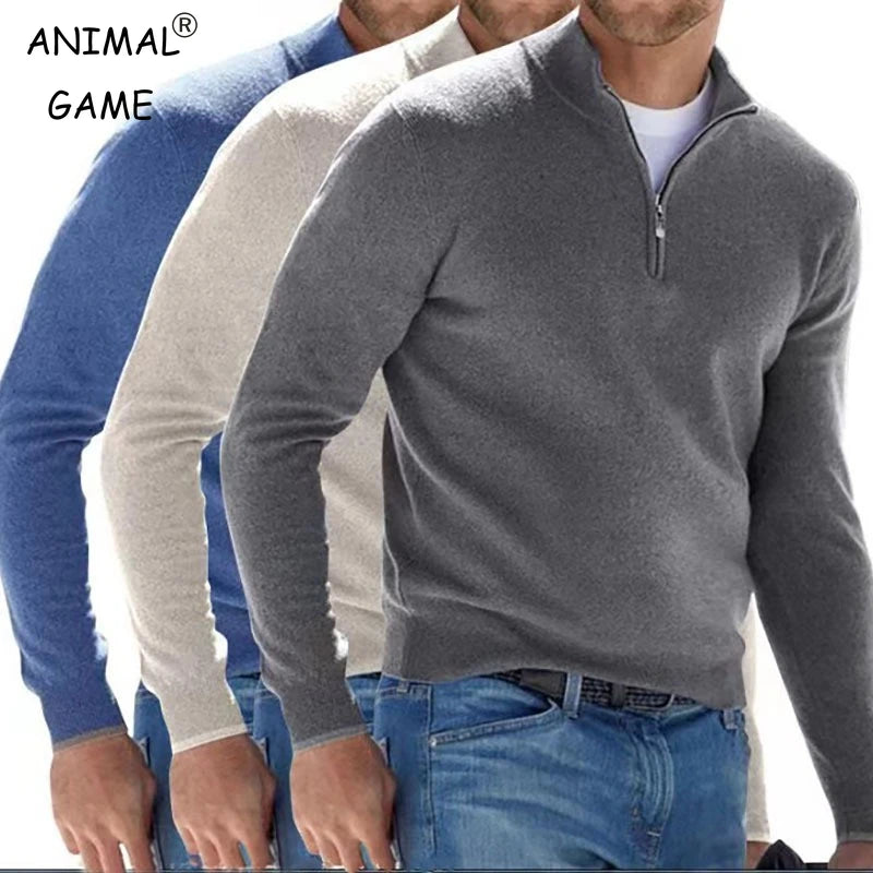 Autumn Men&#39;s Warm Pullover Sweater – Half Zipper, Solid Color, Slim V-neck, Long Sleeve Casual Sweatshirt for Winter