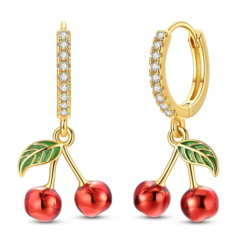 Original 925 Sterling Silver Fruit Hoop Earrings for Women, Cute Cherry Strawberry and Mushroom Charm Earrings, Fashion Jewelry Gift