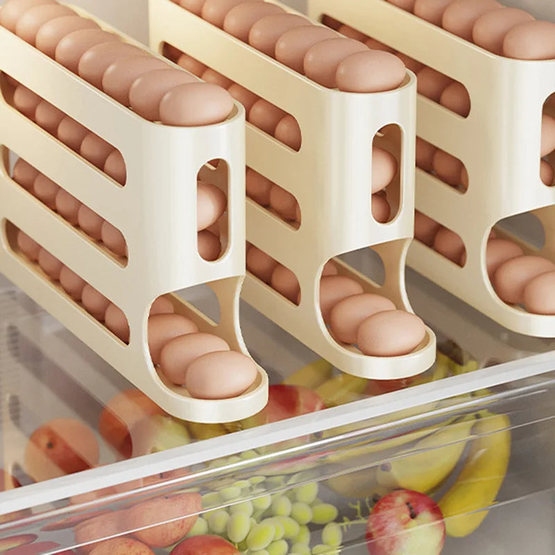 4-Layer Automatic Rolling Egg Holder Rack: Fridge Egg Storage Box and Organizer for Kitchen Refrigerators