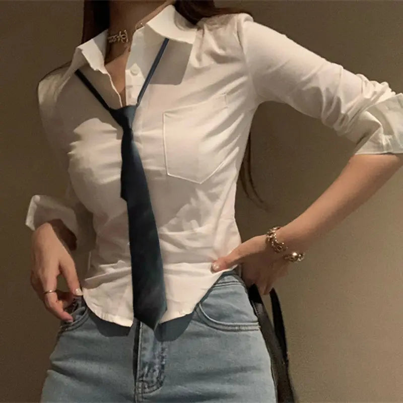 Women&#39;s Elegant Slim Blouse: Korean Y2K Cropped Shirt for Casual &amp; Office Wear