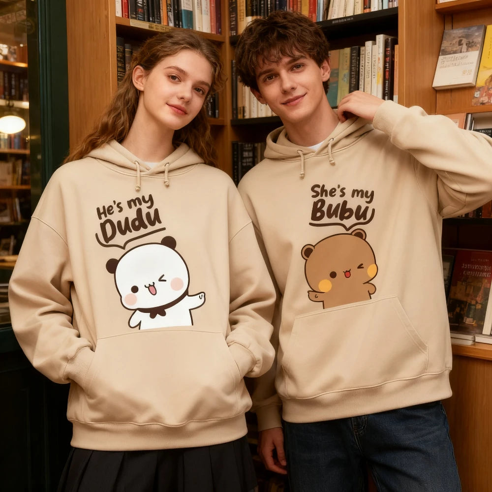 Bubu Dudu Bear Matching Couple Hoodies for Men and Women, Cute His and Hers Pullover Sweatshirts, Casual Fall Winter Outfit