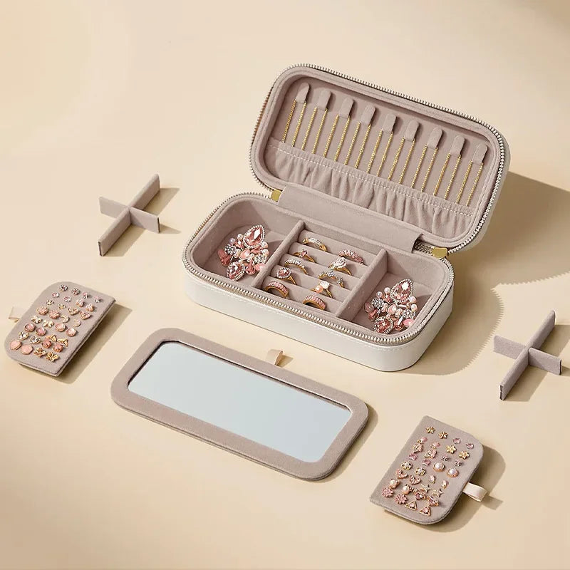 Portable Large Capacity Jewelry Storage Box with Double Metal Zipper, Mirror Compartment for Earrings, Necklaces and Accessories