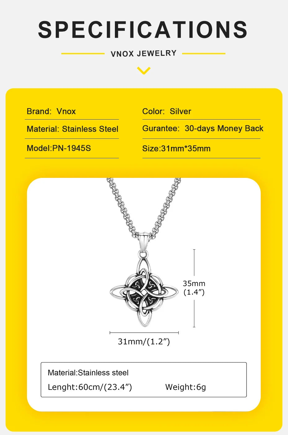 Vnox Vintage Celtic Knot Pendant Necklace for Men and Women, Stainless Steel Nordic Triquetra Amulet, Witches Knot Fashion Jewelry