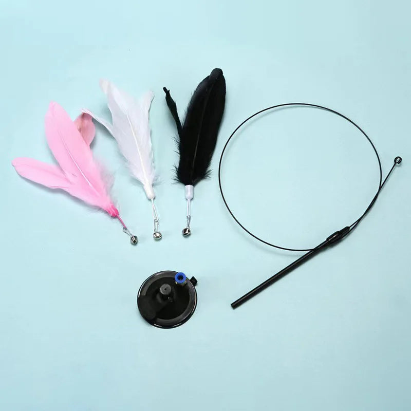 Interactive Feather Wand Cat Toys: Detachable Kit with Suction Cup and 2 Replacement Feathers