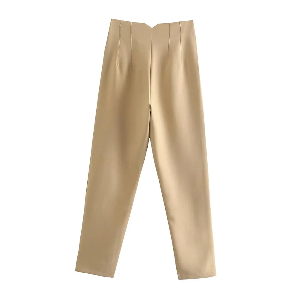 Women’s Casual Solid Pants: Vintage High-Waist Ankle Trousers with Pockets