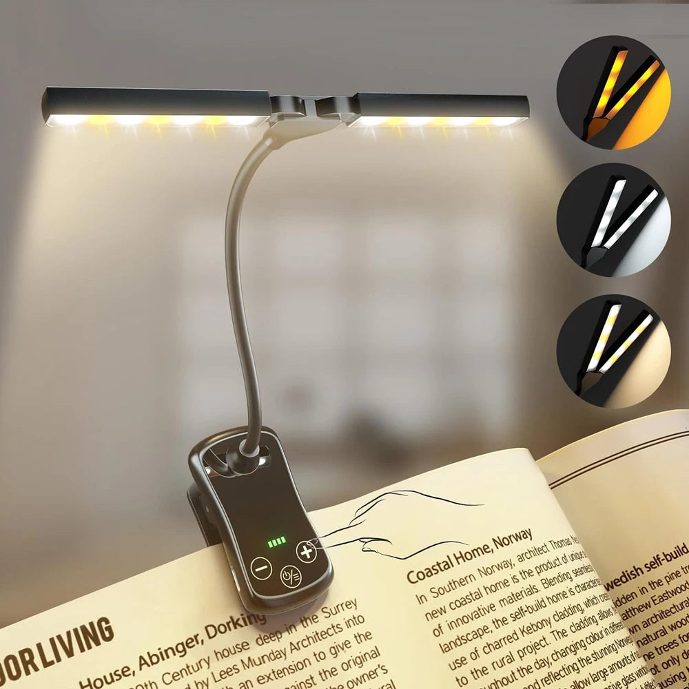 14 LED Clip-On Book Light - Dual Heads, 3 Colors, USB Rechargeable